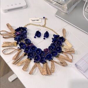 Mexican Palm Leaf Blue and Gold Handmade Necklace and Earrings